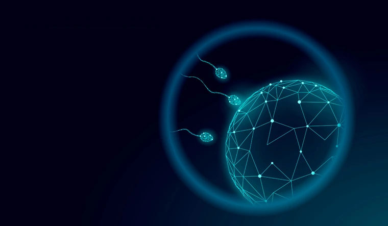 A doctor analyzing embryo data on a screen with an AI-based IVF software interface.